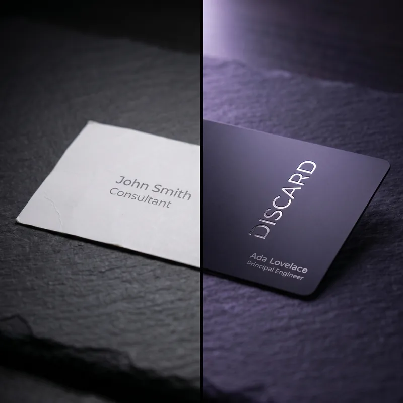 A paper business card beside a metal Discard card