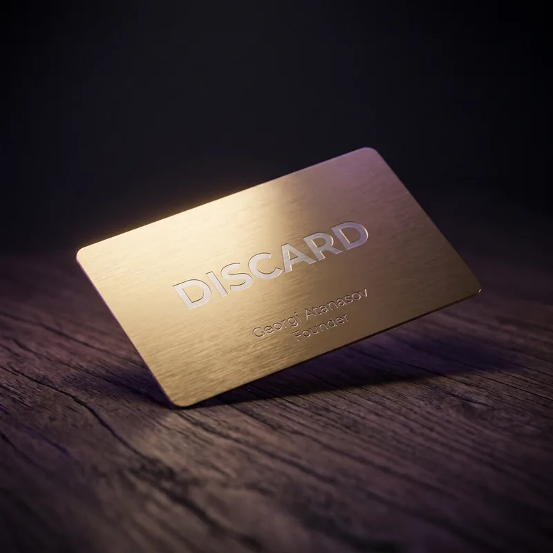 Gold metal Discard NFC card on wood